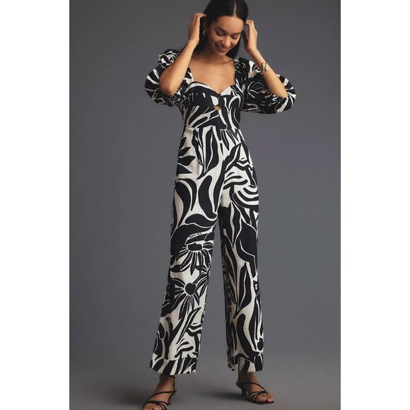 Anthropologie Farm Rio Puff-Sleeve Printed Linen Jumpsuit Size Small